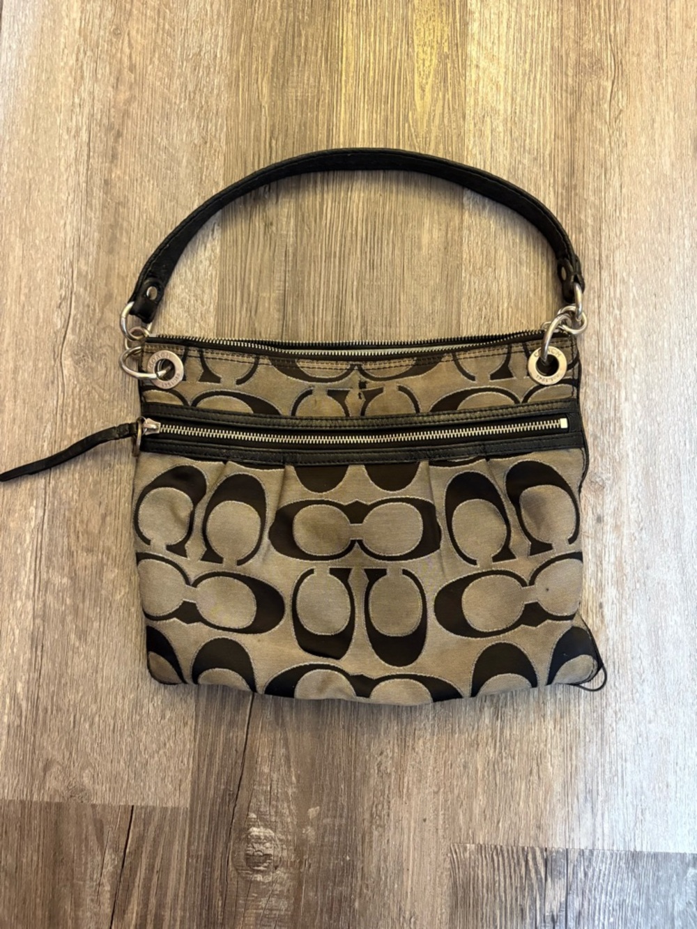 Coach Signature Jacquard Shoulder Bag in Tan and Black